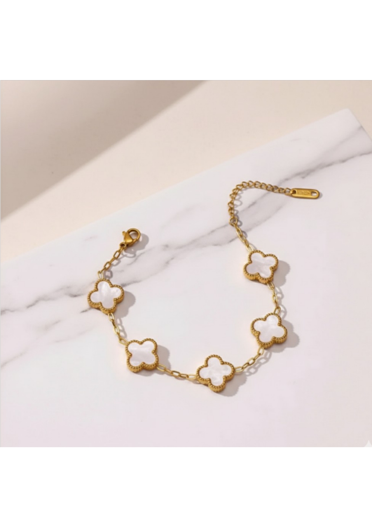 Stainless Steel Gold Plated White Anti Tarnish Clover Bracelet For Girls And Women