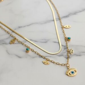 Gold Plated Stainless Steel Anti Tarnish Evil Eye themed Dual Strand Necklace For Women
