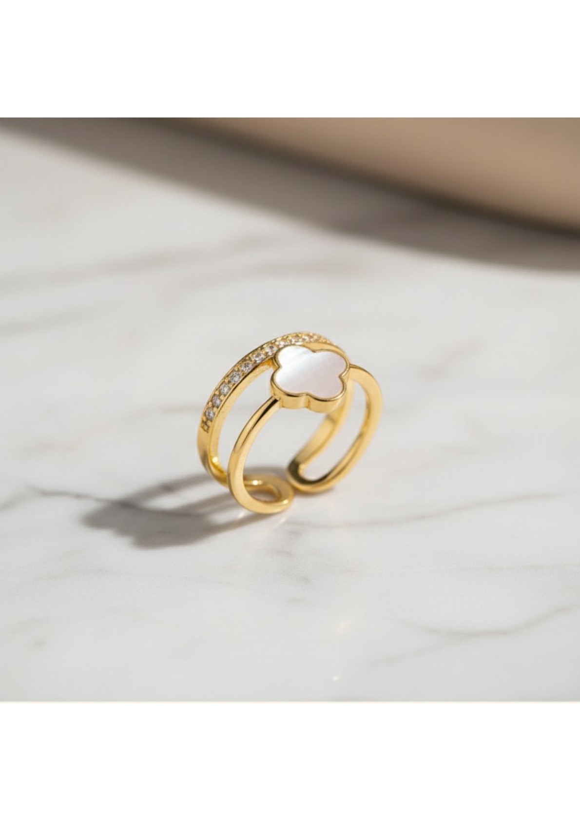 Gold Plated Anti Tarnish Stainless Steel Clover Themed Adjustable Finger Ring. - Image 2