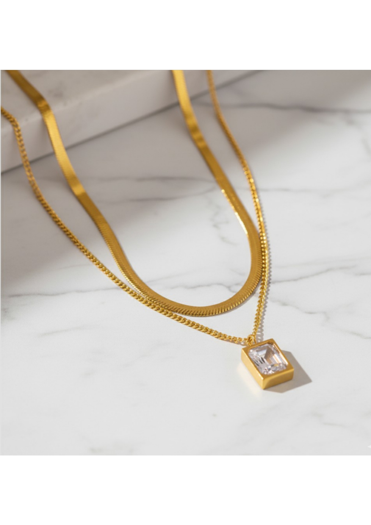 Gold-Plated Anti Tarnish White Emerald Geometric Layered Necklace - Image 2