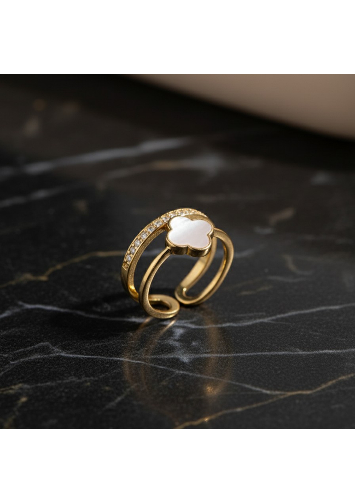 Gold Plated Anti Tarnish Stainless Steel Clover Themed Adjustable Finger Ring. - Image 3