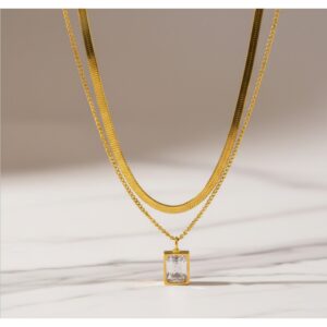 Gold-Plated Anti Tarnish White Emerald Geometric Layered Necklace
