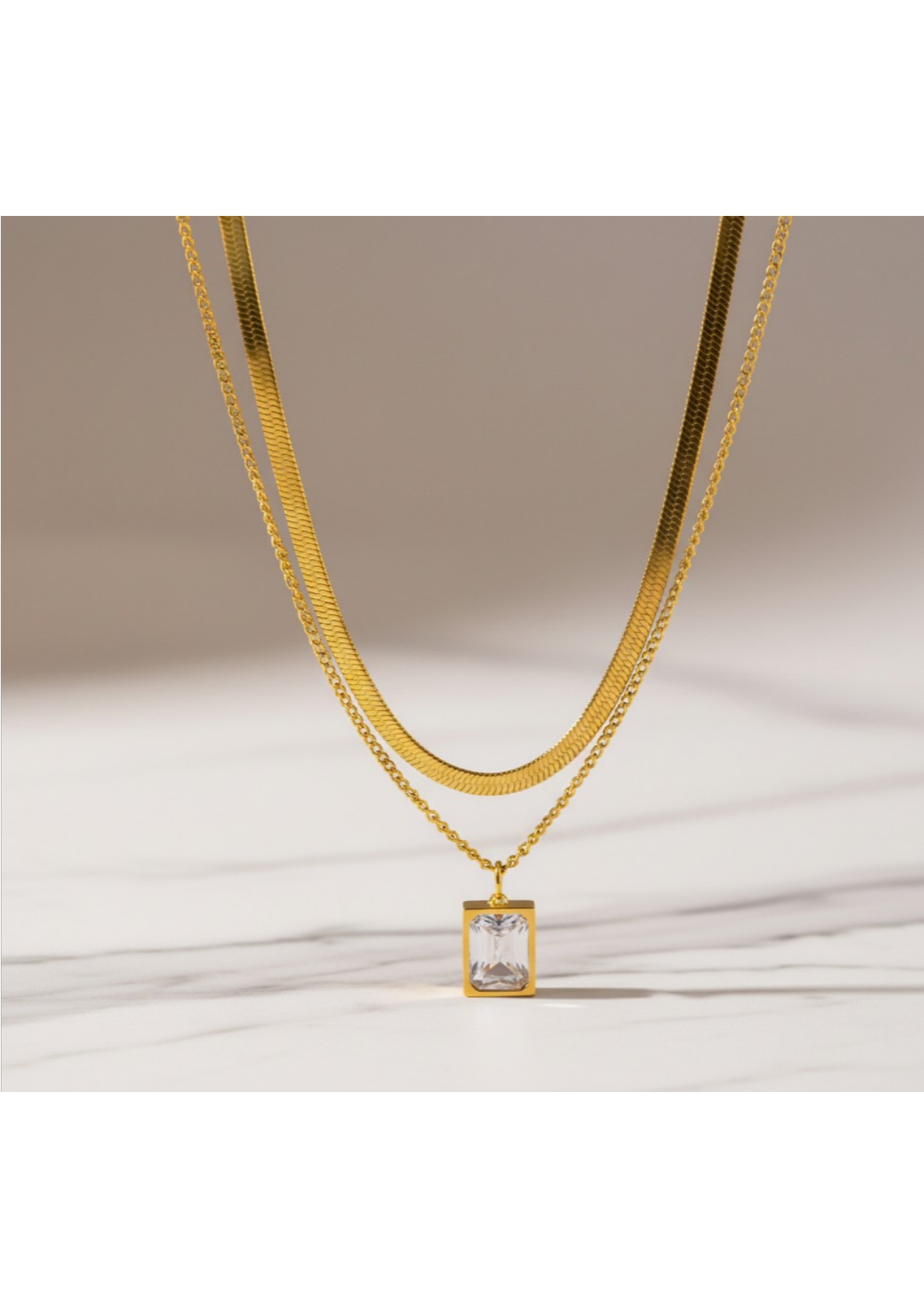 Gold-Plated Anti Tarnish White Emerald Geometric Layered Necklace