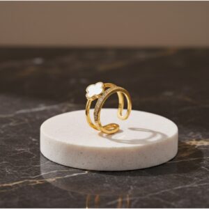 Gold Plated Anti Tarnish Stainless Steel Clover Themed Adjustable Finger Ring.