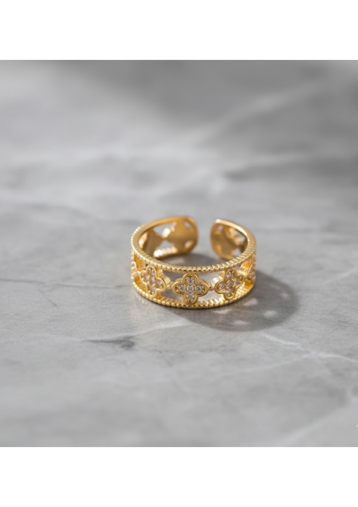 Gold Plated Anti Tarnish Stainless Steel Clover Themed Adjustable Finger Ring - Image 2