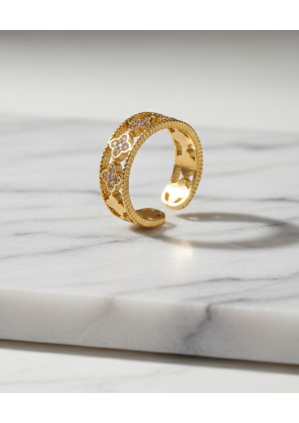 Gold Plated Anti Tarnish Stainless Steel Clover Themed Adjustable Finger Ring - Image 3