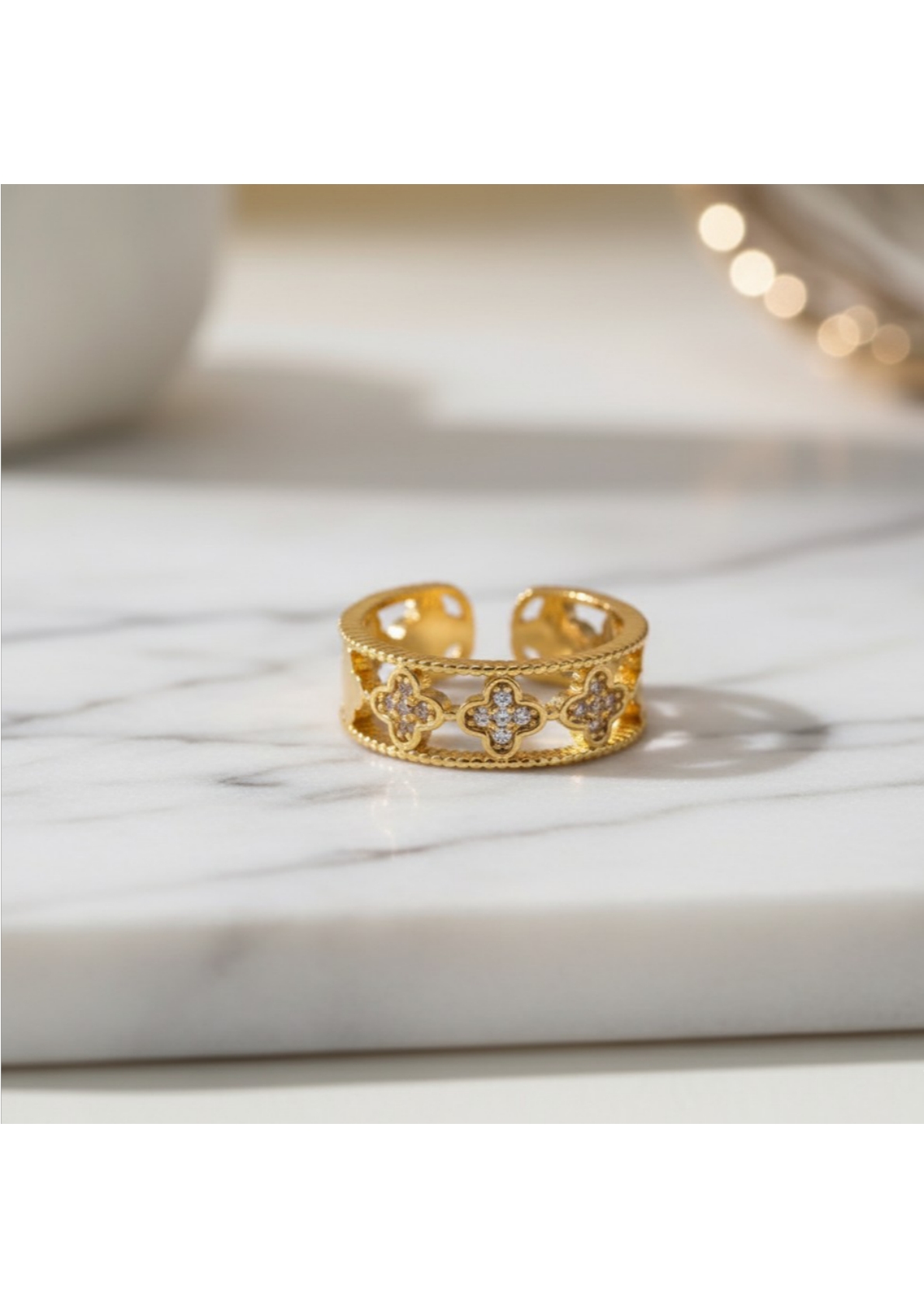 Gold Plated Anti Tarnish Stainless Steel Clover Themed Adjustable Finger Ring - Image 4