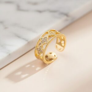 Gold Plated Anti Tarnish Stainless Steel Clover Themed Adjustable Finger Ring