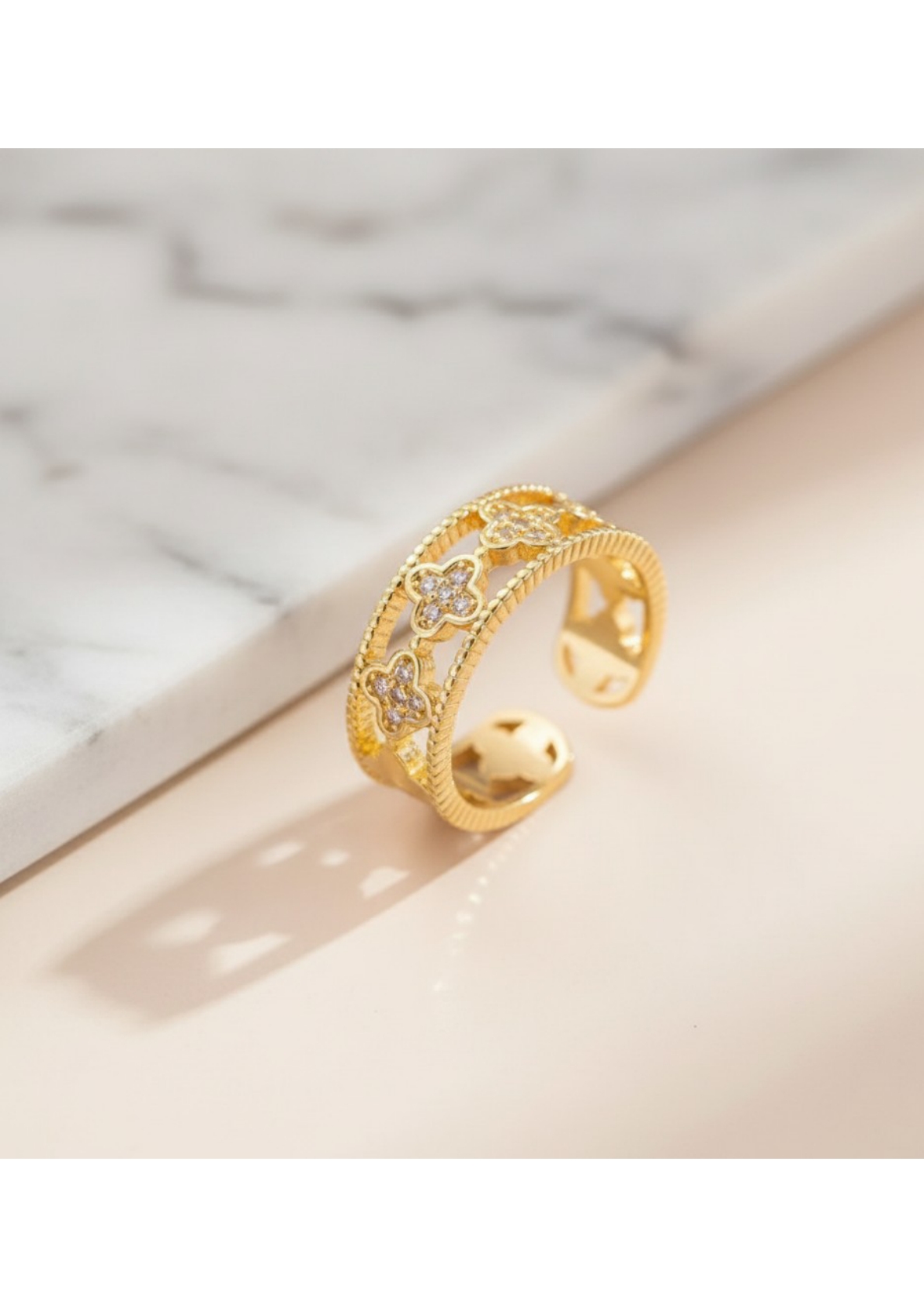 Gold Plated Anti Tarnish Stainless Steel Clover Themed Adjustable Finger Ring