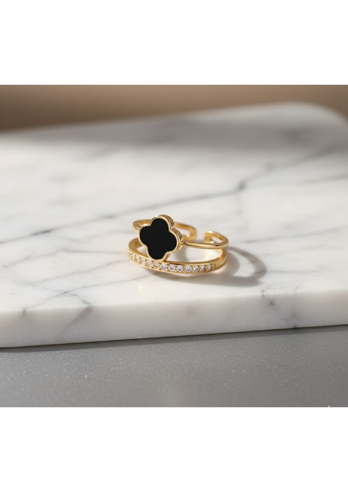 Gold Plated Anti Tarnish Stainless Steel Clover Themed Adjustable Finger Ring - Image 2