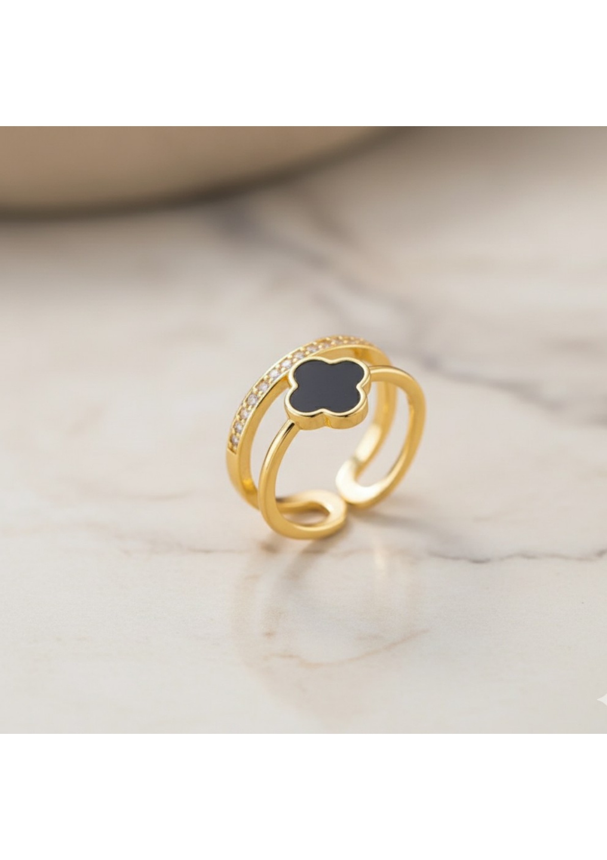 Gold Plated Anti Tarnish Stainless Steel Clover Themed Adjustable Finger Ring - Image 3