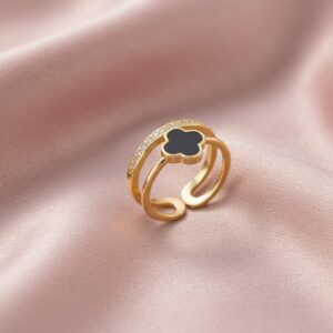 Gold Plated Anti Tarnish Stainless Steel Clover Themed Adjustable Finger Ring