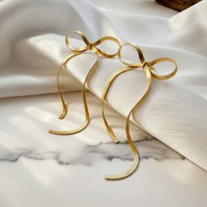 Gold Plated Bow Themed Drop Earrings