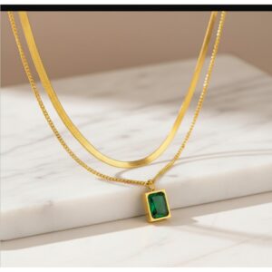 Gold-Plated Anti Tarnish Green Emerald Geometric Layered Necklace