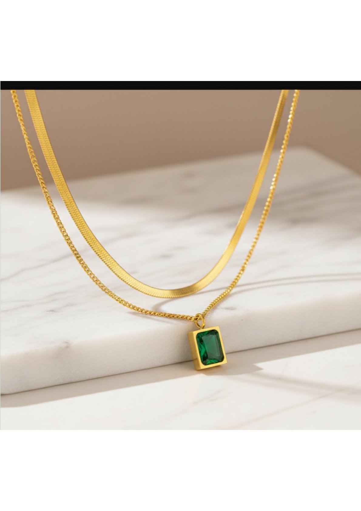 Gold-Plated Anti Tarnish Green Emerald Geometric Layered Necklace