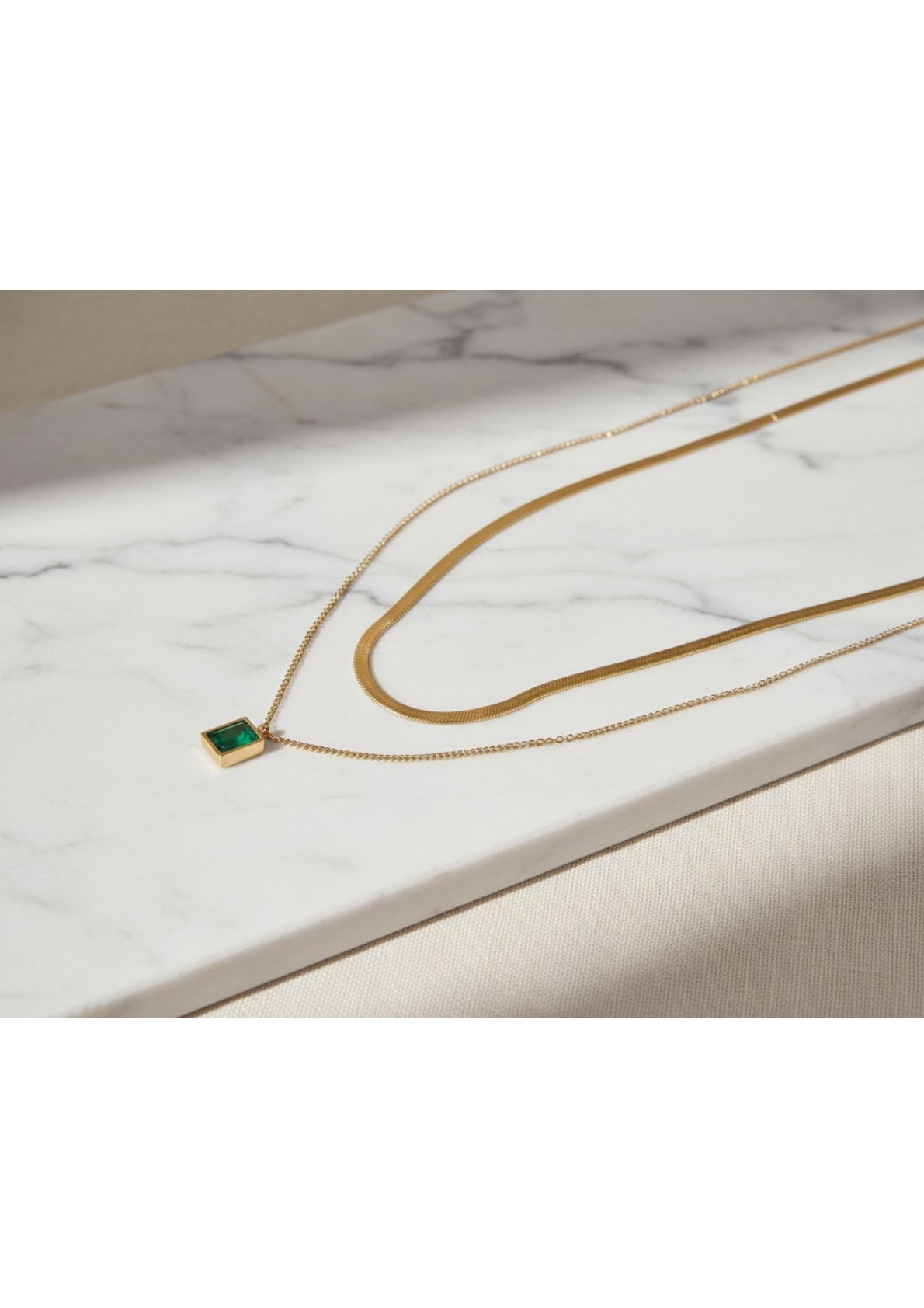 Gold-Plated Anti Tarnish Green Emerald Geometric Layered Necklace - Image 3